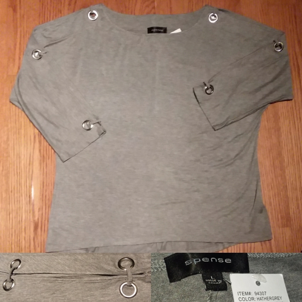 Spence Woman's Large Split 3/4 Sleeve Grey Top